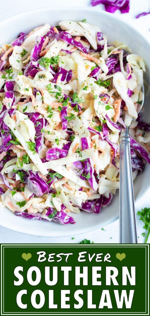 Quick, easy, and healthy coleslaw recipe in a white bowl.