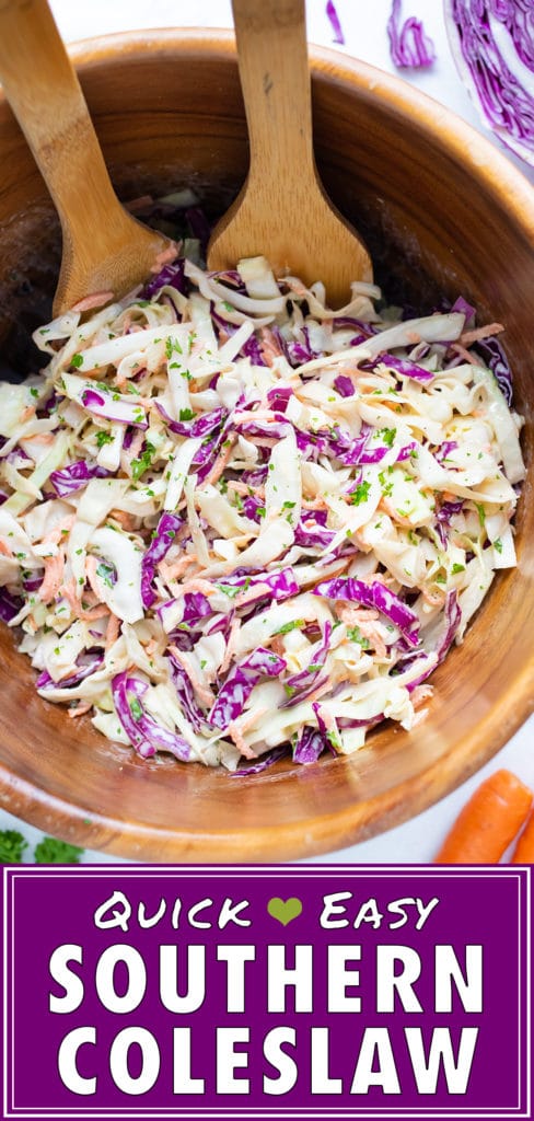 A wooden bowl full of a southern coleslaw recipe.