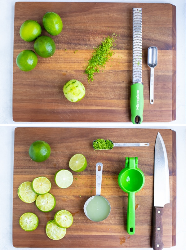 A cutting board with lime zest and a microplane and a citrus zester with fresh lime juice.
