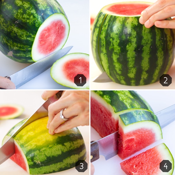 Showing how to cut a watermelon in half, into quarters, and then into wedges.