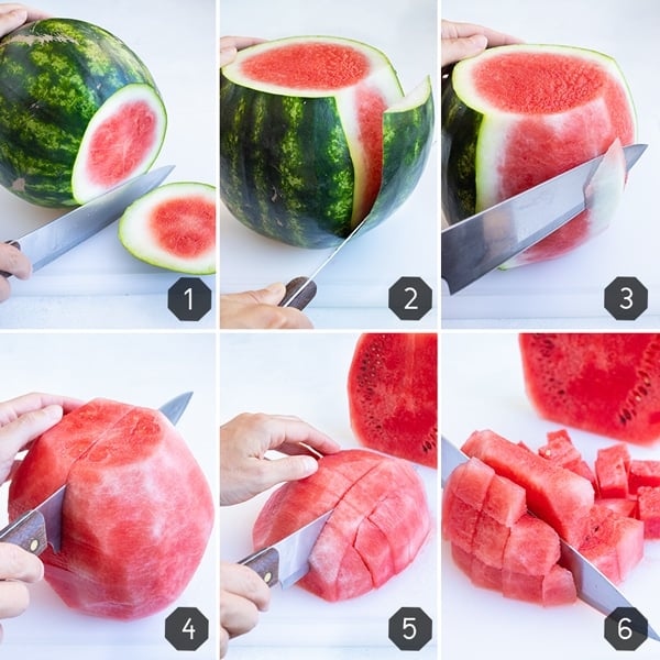 Showing how to cut a watermelon by removing the rind, cutting in half, and then cutting into sticks or cubes.