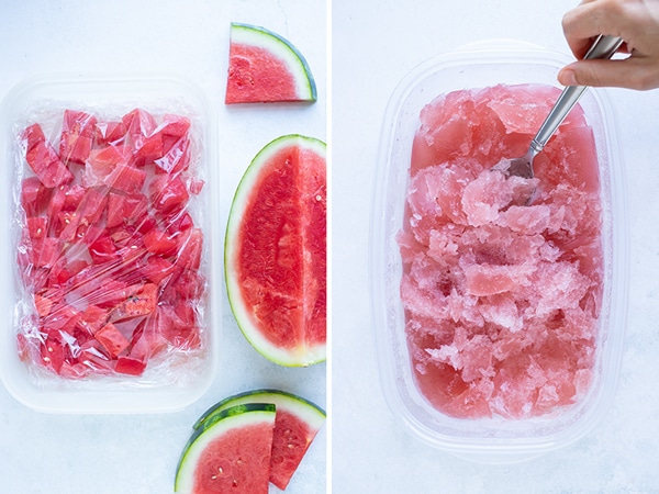 Frozen rosé wine and frozen watermelon chunks in plastic containers showing how to make frosé.