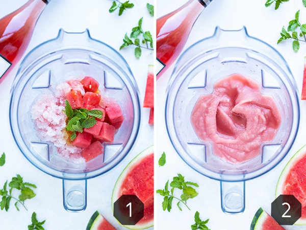 Ingredients in a vitamix showing how to make frose with wine, watermelon, and mint.