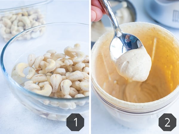 Cashews are left in a bowl to soak in preparation to become a creamy, dairy-free cashew Alfredo sauce.