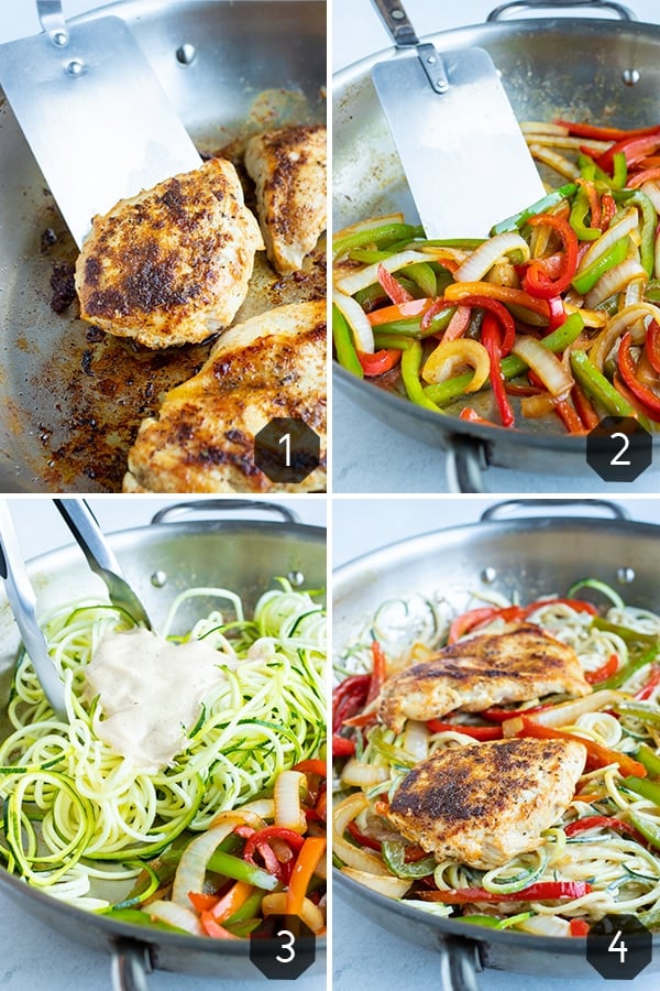 Step by step instructions for adding cajun chicken to the sauteéd bell peppers and tender zucchini noodles in the healthy dinner recipe.