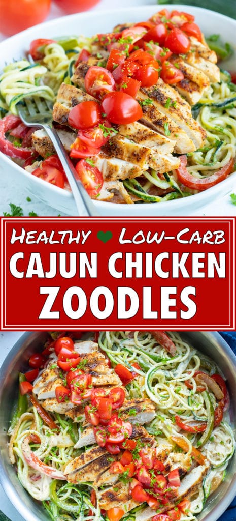 Cajun chicken zoodles in a bowl are topped with sliced fresh tomatoes for an easy, low carb meal.
