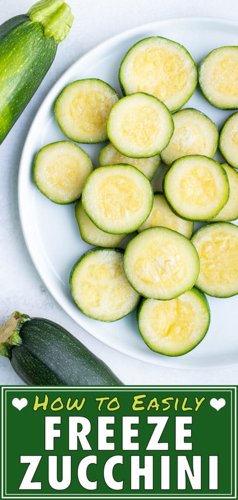 Fresh zucchini was frozen and the slices are now stacked on top of each other on a plate.
