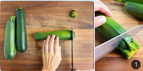 Instructional photos for chopping the ends off of zucchini to freeze the zucchini.