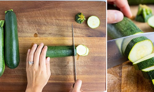 Step by step instructions for chopping zucchini into slices to be frozen for future recipes.