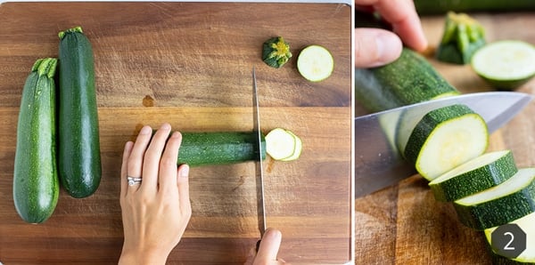 Step by step instructions for chopping zucchini into slices to be frozen for future recipes.