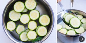 Step by step instructructional photos for blanching zucchini by cooking zucchini in a pot of boiling water.