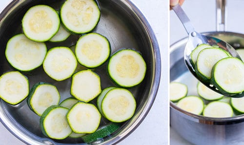 Step by step instructructional photos for blanching zucchini by cooking zucchini in a pot of boiling water.