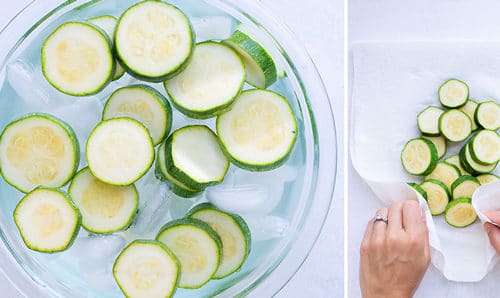 Instructional pictures for shocking summer squash by placing cooked zucchini immediately into an ice bath to halt cooking and then drying them off.