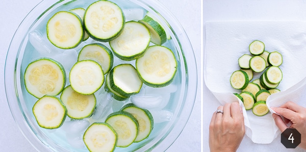 Instructional pictures for shocking summer squash by placing cooked zucchini immediately into an ice bath to halt cooking and then drying them off.