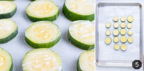 Instructional pictures for preparing zucchini to be frozen by putting them on a large baking sheet.