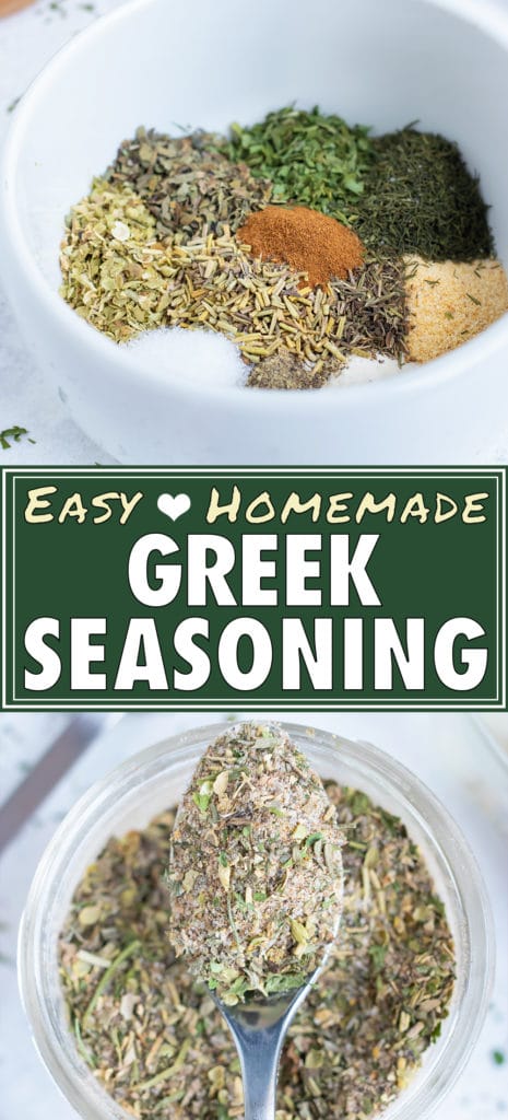 Oregano, rosemary, basil, parsley, dill, and other spices are combined in a homemade Greek seasoning mix.