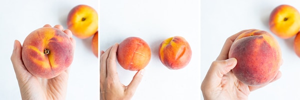 Instructional photos demonstrating how to tell if a peach is ripe.