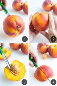 Step by step pictures of cutting a whole peach in half, pitting the peach, and then cutting into half inch sliced without peeling the fruit first.
