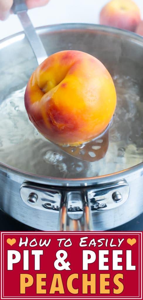 A whole peach is blanched in a pot of hot water and taken out with a metal spoon in preparation for peeling.