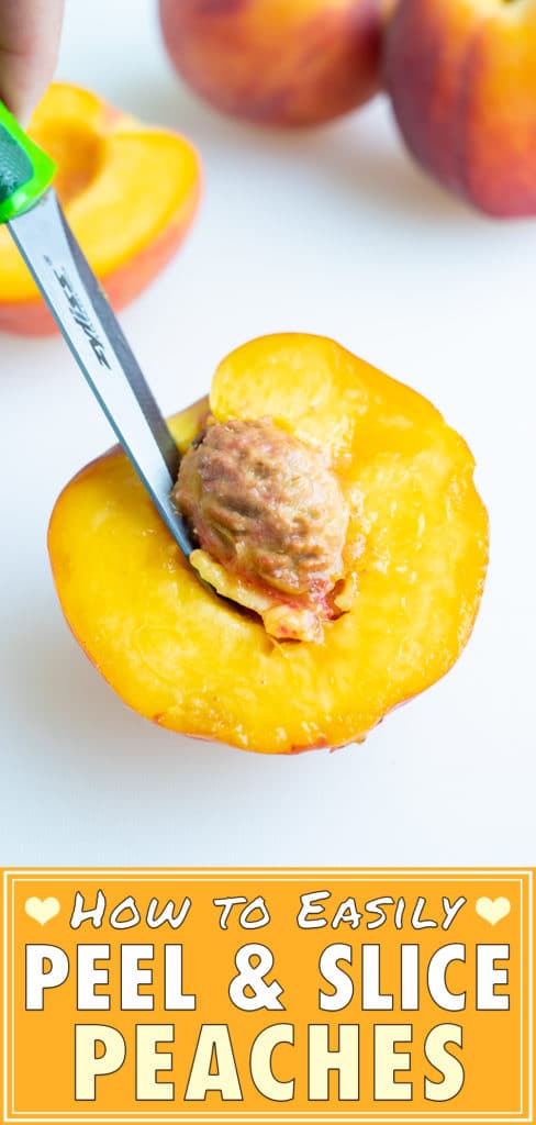 Removing the pit from a peach using a paring knife so it can be sliced.