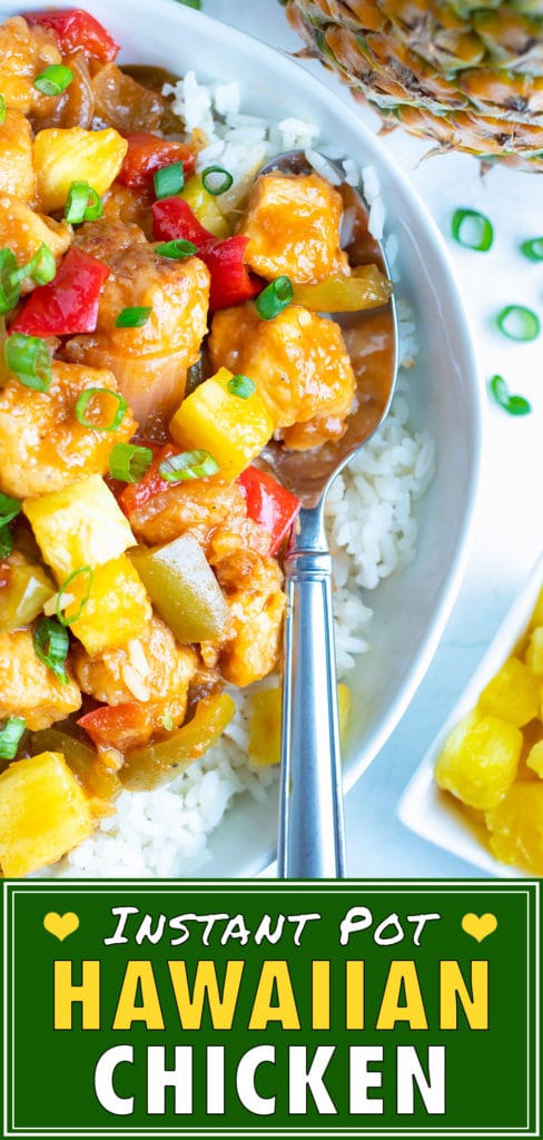 Healthy Instant Pot Pineapple Chicken is loaded with pineapple, bell peppers, and fresh green onions and laid over a rice.