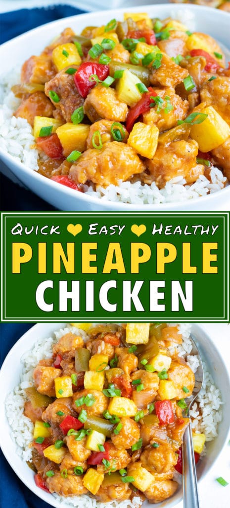 Healthy Instant Pot Pineapple Chicken is loaded with pineapple, bell peppers, and fresh green onions and laid over a rice.