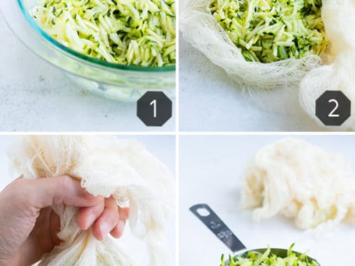 Step by step instructions for removing all the excess moisture from the grated zucchini.