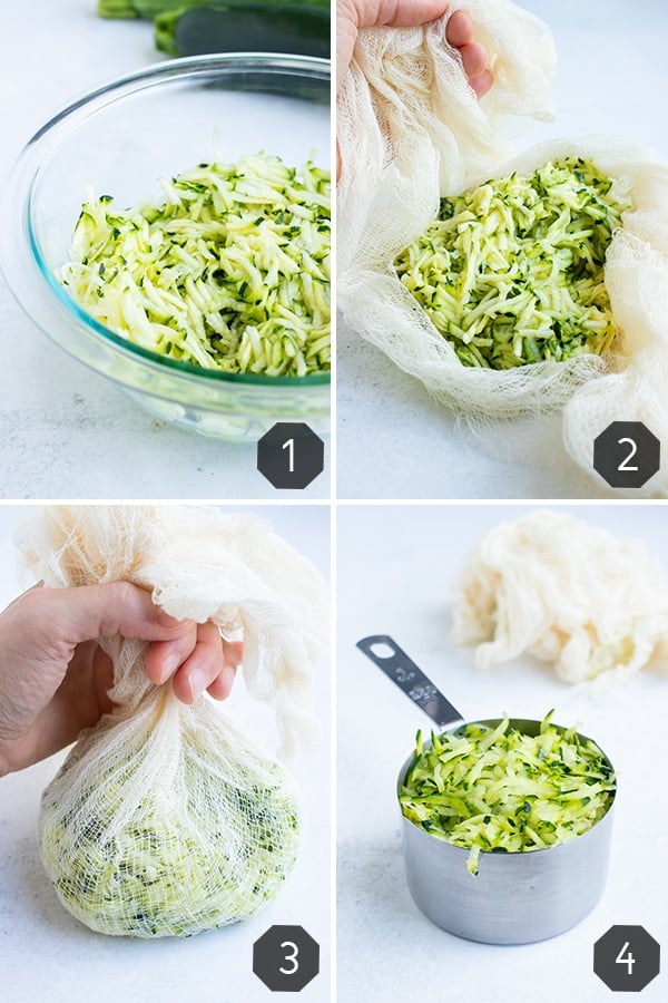 Step by step instructions for removing all the excess moisture from the grated zucchini.