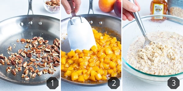 How to prepare the toasted nuts, sautéed peaches, and oats for this easy, gluten-free oatmeal.