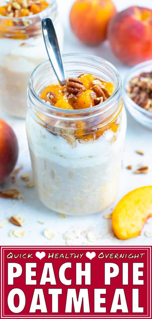 Meal prep overnight oatmeal for the week by combining milk, oats, yogurt, and peaches in a mason jar.