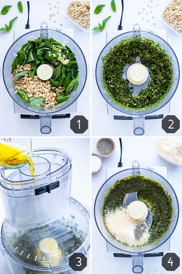 Instructional pictures for using a food processor to make homemade pesto sauce.