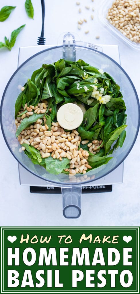 Pine nuts, fresh basil leaves, parmesan cheese, and other ingredients are placed in a food processor to create a smooth pesto sauce.