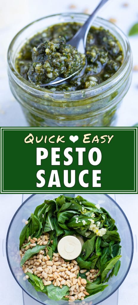 Easy homemade basil pesto sauce is stored in an airtight mason jar on the counter.