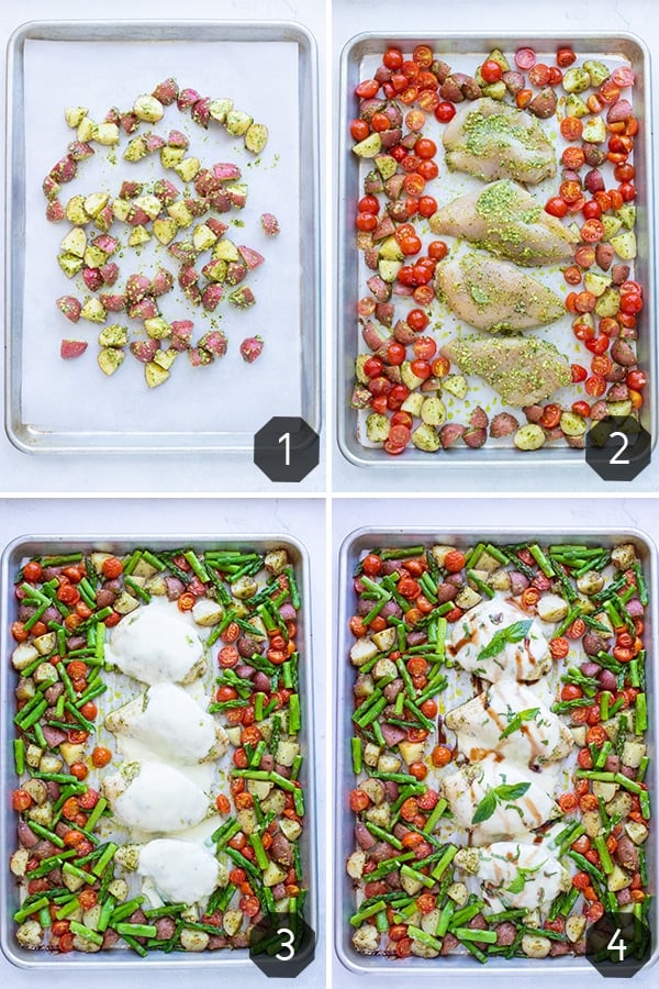 How to make sheet pan caprese chicken by adding potatoes, tomatoes, chicken, mozzarella, and asparagus at different times so they all cook evenly.