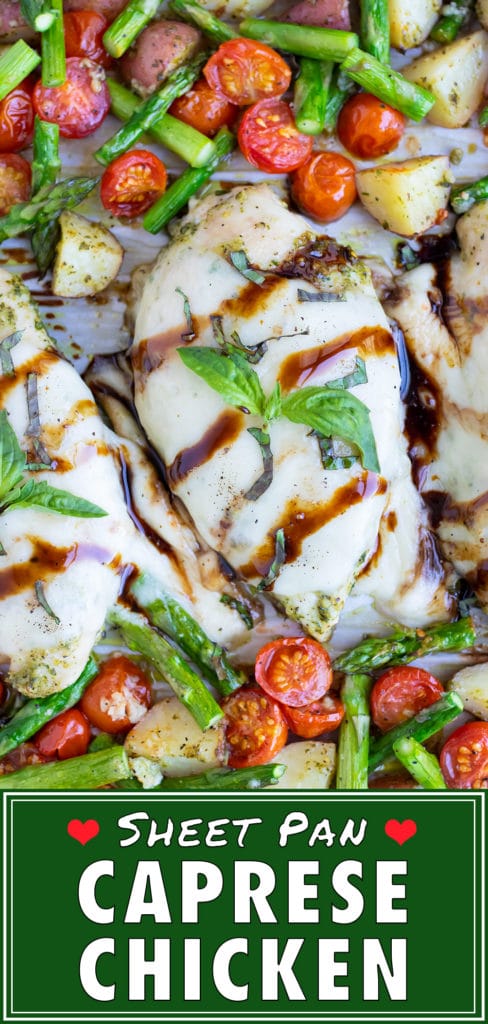 Cooked potatoes, tomatoes, asparagus and baked chicken are on a large baking sheet pan in this easy caprese chicken recipe.