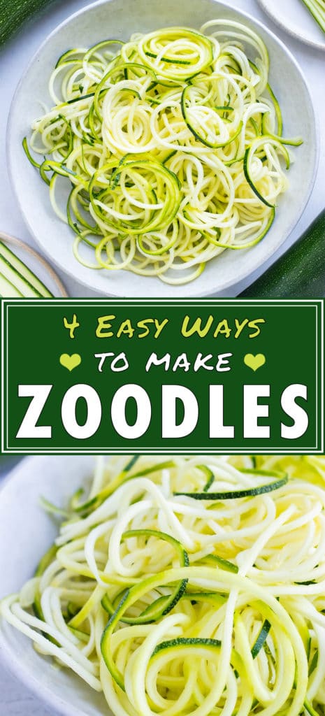 Multiple pictures with zucchini noodles in a bowl in preparation for a keto or low-carb recipe.
