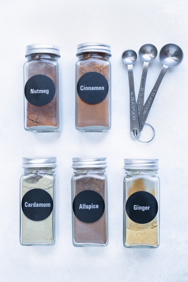 Ingredients in a DIY apple pie spice are cinnamon, nutmeg, cardamom, ginger, and allspice.