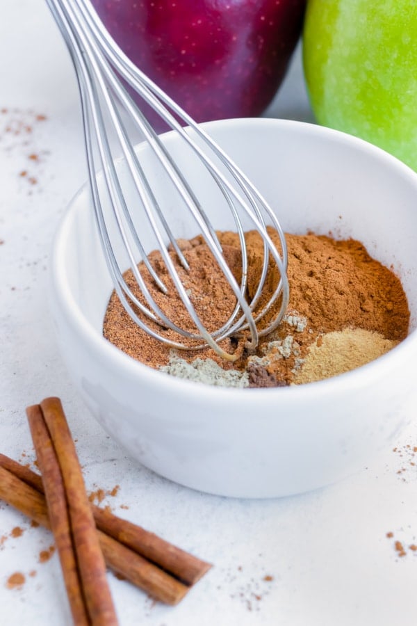 Use a whisk to completely blend together cinnamon, nutmeg, ginger, cardamom, and all spice.