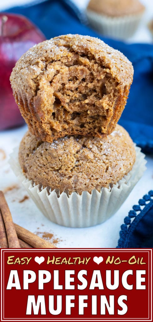 Fluffy apple muffins are made with applesauce, cinnamon and other healthy ingredients.