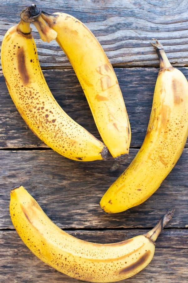 Sweet, ripe bananas are on the counter before being mashed.