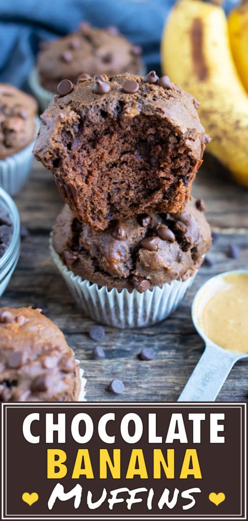 Made with mashed bananas, peanut butter, and chocolate chips, these muffins are kid friendly and easy to prepare.