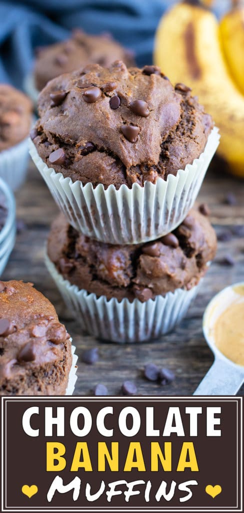 Chocolate banana muffins are stacked on the counter before eating as a breakfast or snack.