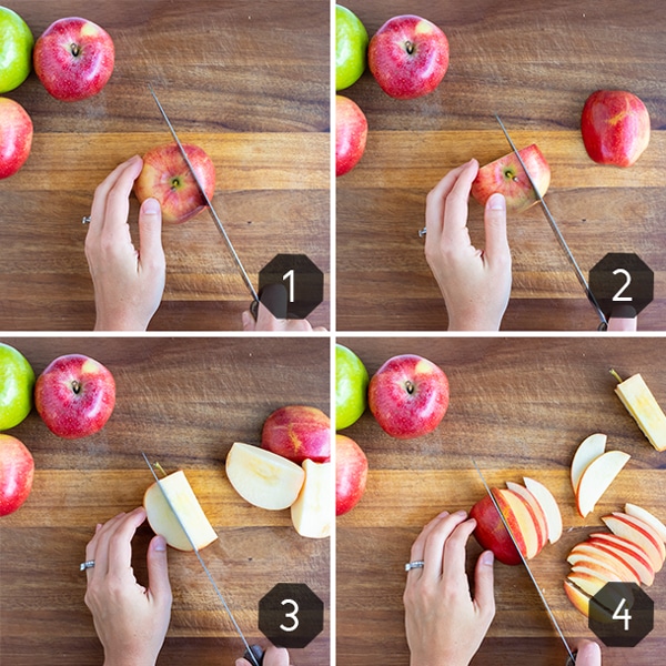 Step-by-step pictures showing how to cut apples into slices.