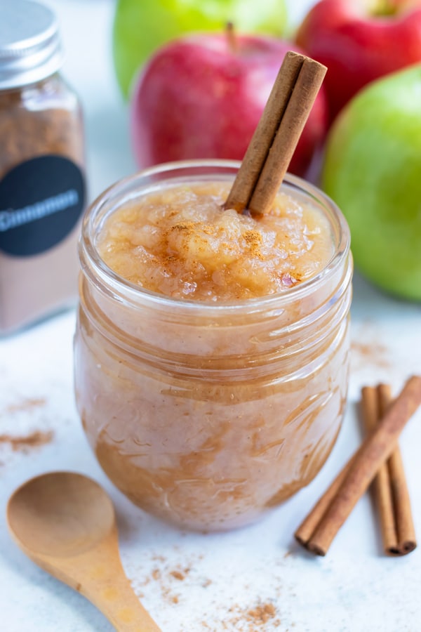 Cinnamon is added to this homemade applesauce recipe for flavor and to bring out the sweetness in the apples.