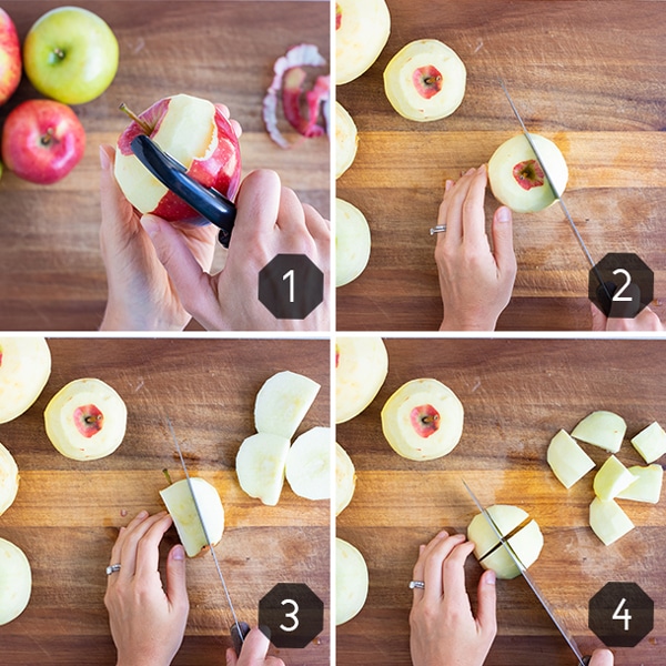 Step by step pictures for how to peel, core, and cut your apple for instant pot applesauce.