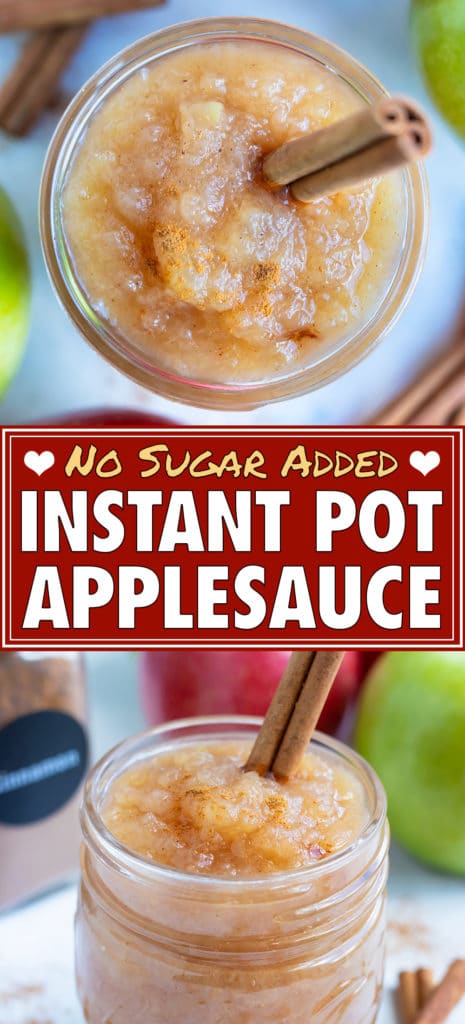 Healthy, no sugar added applesauce is in a mason jar on the counter surrounded by apples.