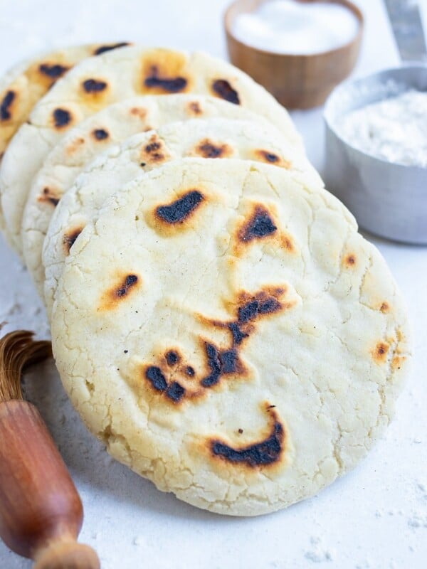 This no yeast, Mediterranean bread is stacked on the counter before enjoying.