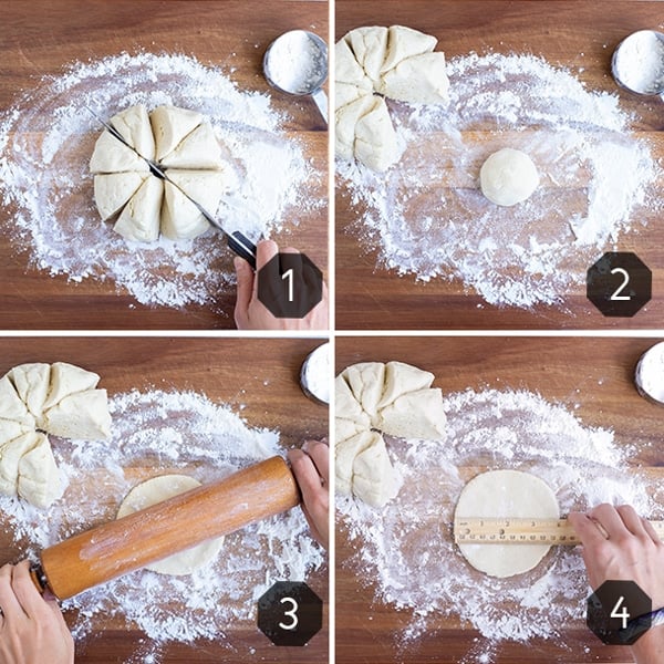 Step by step pictures showing how to prepare pita bread dough before cooking.