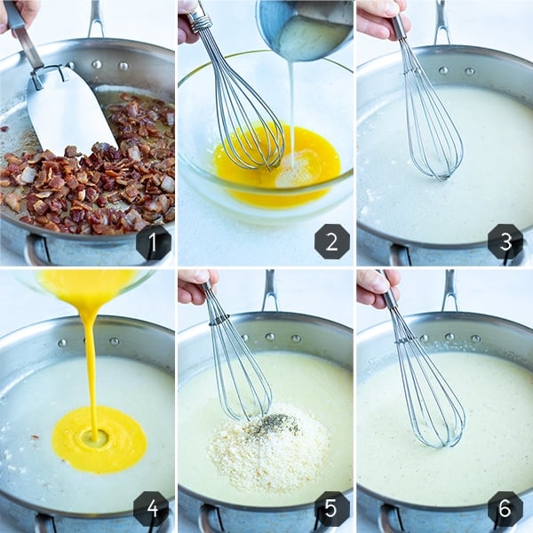 Step by step pictures for how to make a healthy carbonara sauce.