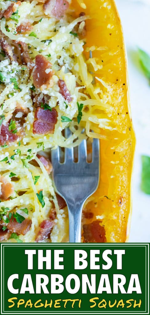 Make this spaghetti squash recipe stuffed with carbonara and topped with bacon for a quick and easy main dish.